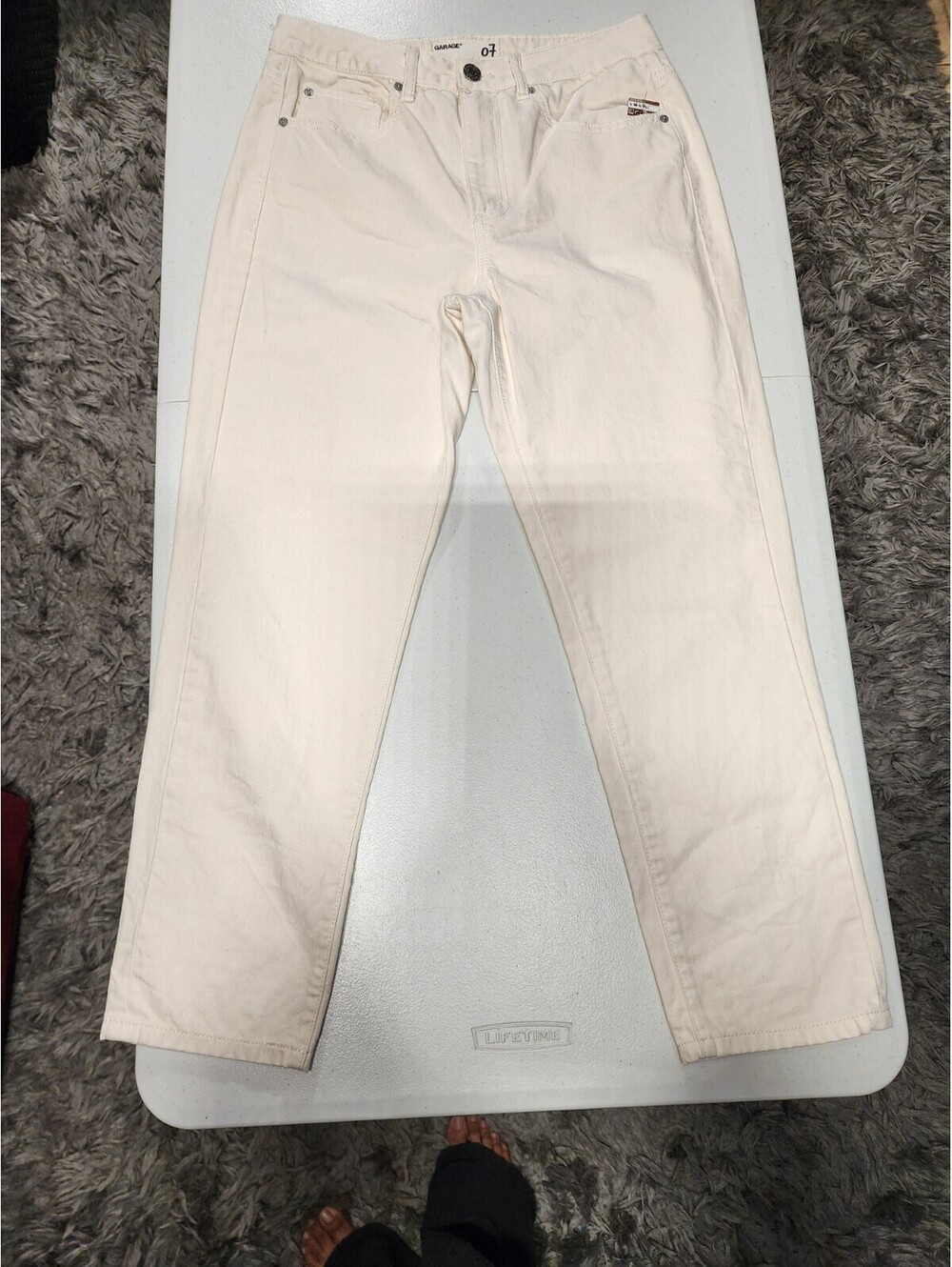 Garage Straight Ivory Denim Jeans Women High Rise Button Zip Logo 5-Pocket